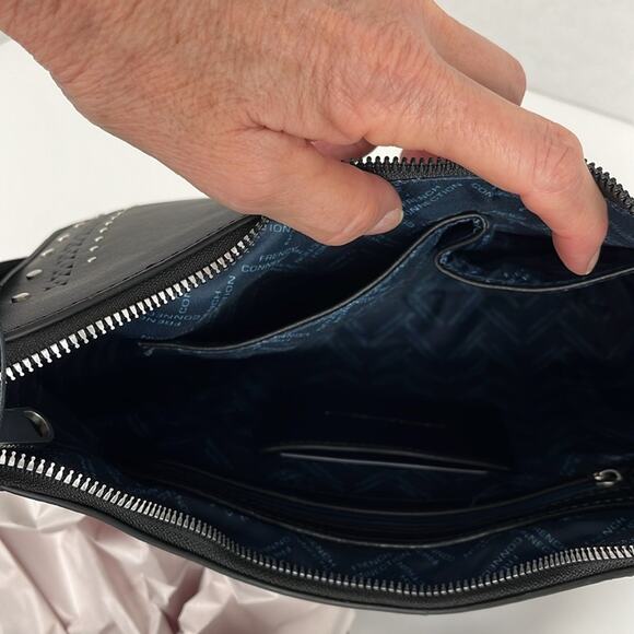 French Connection Elena Moon Shape Shoulder Bag Black Studs Silvertone Zip Close - Picture 8 of 11